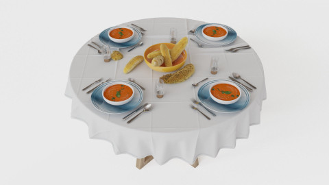 Dining table with food and equipment